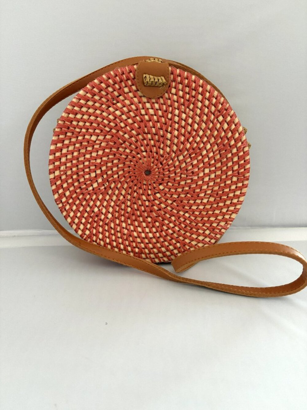 Crown Vintage Rattan Crossbody Bag/Purse Coral & Tan Rattan Round